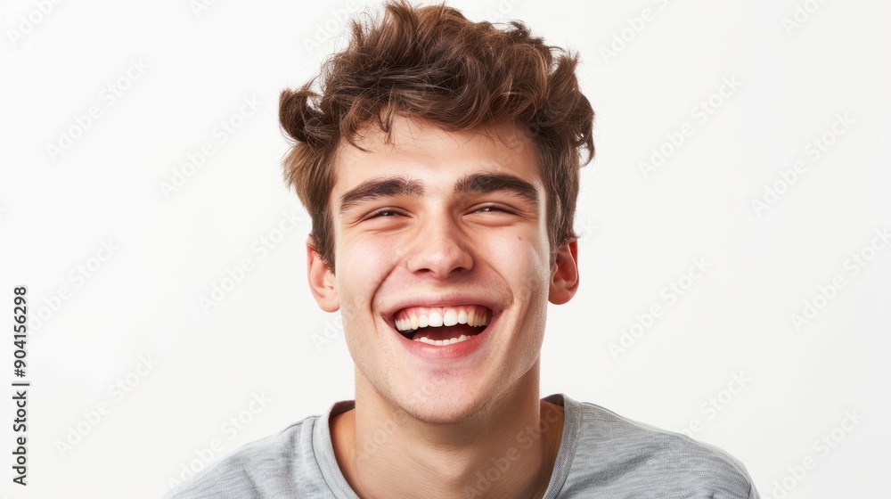 A professional portrait studio photo of a handsome young white american man model with perfect clean teeth laughing and smiling. isolated on white background A professional portrait studio photo of a handsome young white american man model with perfect clean teeth laughing and smiling. isolated on white background
