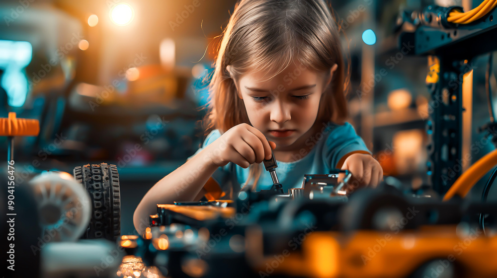 Girl using screwdriver while fixing bolts on a robot vehicle. Smart kids and STEM education. Robotics and software engineering for elementary students Girl using screwdriver while fixing bolts on a robot vehicle. Smart kids and STEM education. Robotics and software engineering for elementary students
