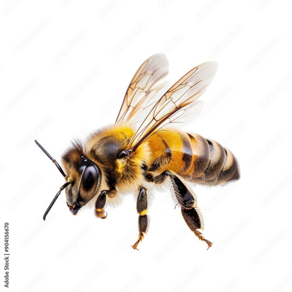 Detailed Close-up of a Honey Bee on White Background. Generative ai. Detailed Close-up of a Honey Bee on White Background. Generative ai.