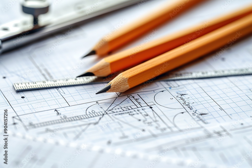 Pencils scattered on a blueprint with a ruler and compass Pencils scattered on a blueprint with a ruler and compass