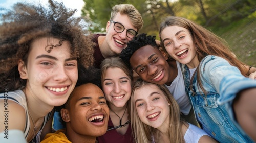Big group of friends taking selfie picture smiling at camera - Laughing young people celebrating standing outside and having fun - Portrait photography of teens guys and girls enjoying vacation
