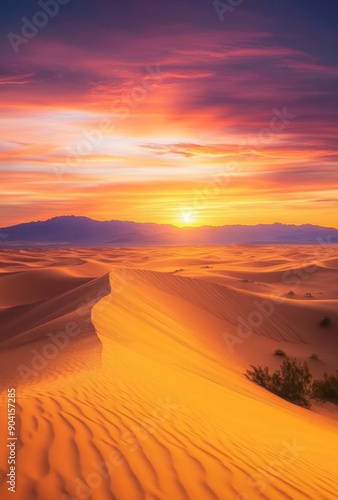 A stunning desert sunset with a sky ablaze in shades of orange, pink, and purple, casting a warm glow over the sandy dunes