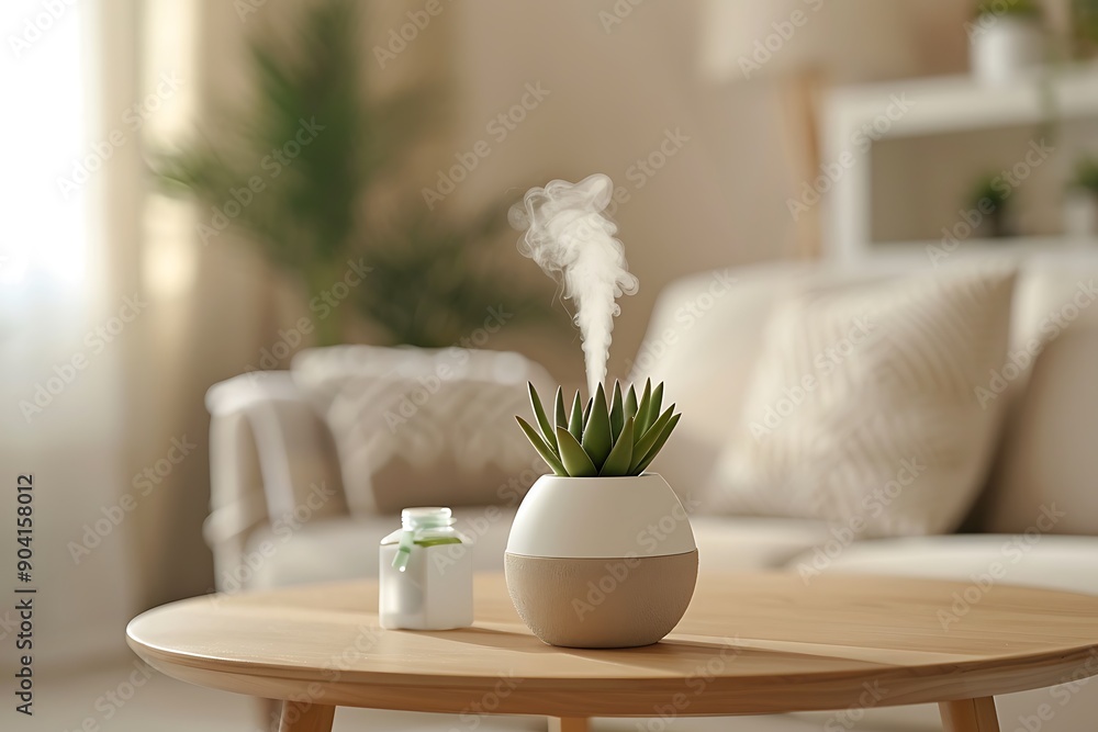 Air freshener, beige and white living room, wooden table, Aloe smash bottle, succulent, blurred decor, bokeh, minimalist style, high resolution. Air freshener, beige and white living room, wooden table, Aloe smash bottle, succulent, blurred decor, bokeh, minimalist style, high resolution.