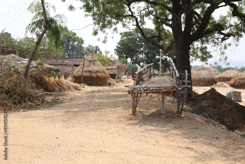 straw house & bull cart in village