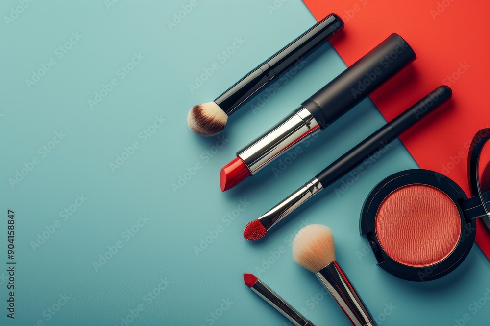 Set of makeup brushes and cosmetics on a vibrant red background. Set of makeup brushes and cosmetics on a vibrant red background.