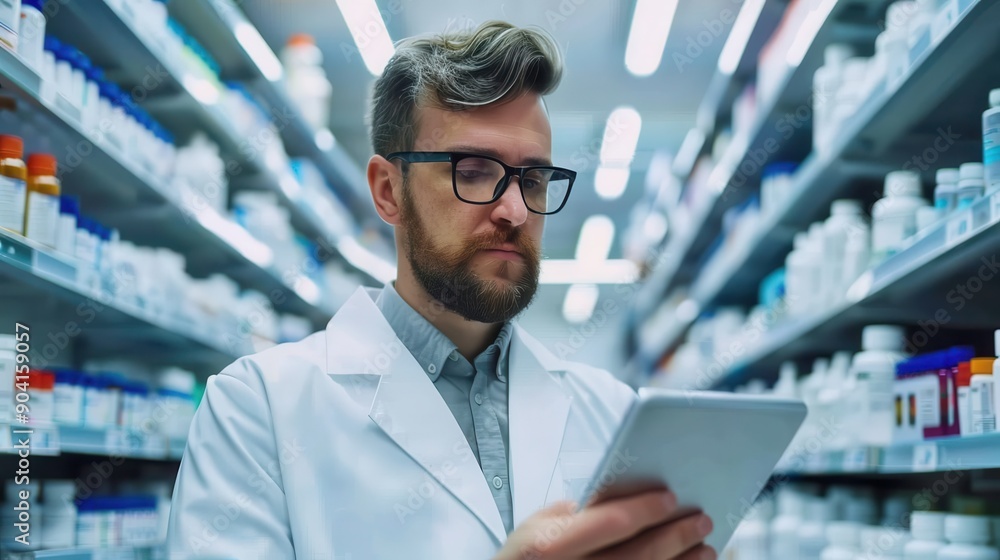 Pharmacist Reviewing Data on Tablet Pharmacist Reviewing Data on Tablet