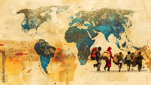 banner for World Refugee Day, June 20. Refugees on the background of the world map. Vintage filter.