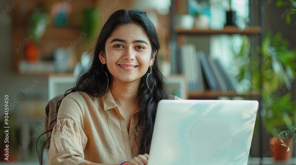 Happy young Indian business woman sitting at desk with laptop Professional online teacher coach in Smile School Advertise virtual student classes Teach a webinar on distance education. Portrait. Happy young Indian business woman sitting at desk with laptop Professional online teacher coach in Smile School Advertise virtual student classes Teach a webinar on distance education. Portrait.