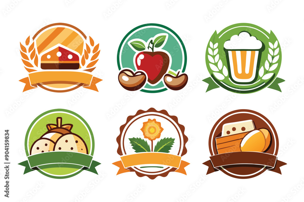 Set of Six Circular Labels with Food and Drink Icons Set of Six Circular Labels with Food and Drink Icons