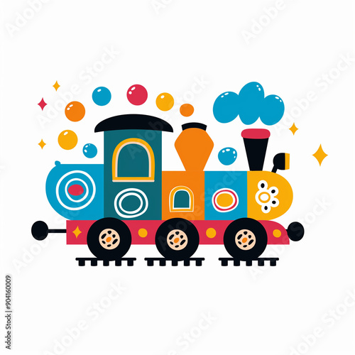 Whimsical Doodle Train Logo in Colorful Scandinavian Style for Children's Delight on White Background