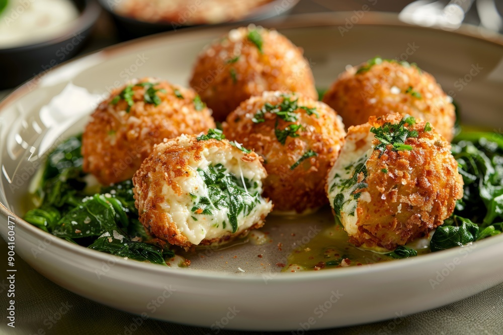 Fototapeta premium Delicious spinach and cheese stuffed dumplings served hot and golden brown.