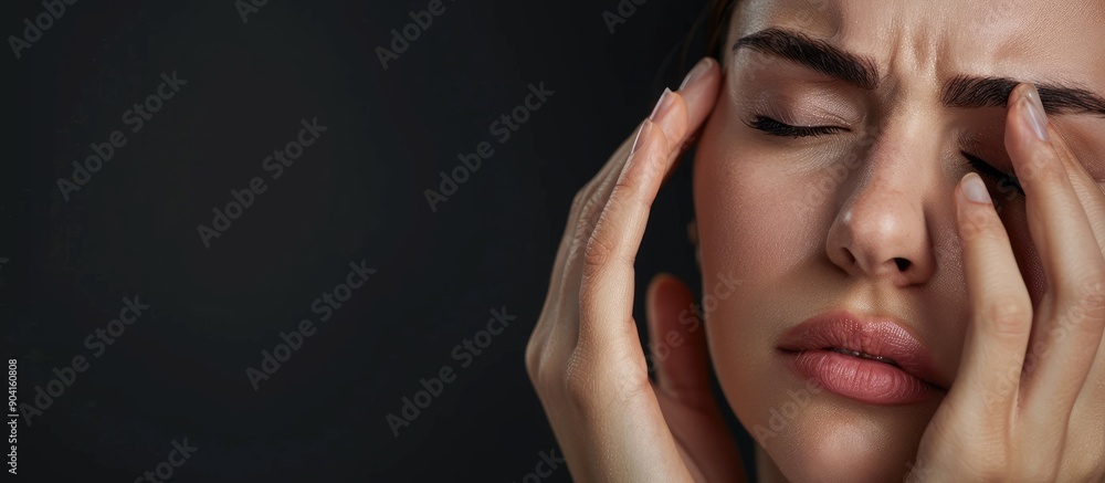 A woman experiencing discomfort while holding her eyes with copy space image A woman experiencing discomfort while holding her eyes with copy space image