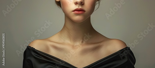 A young girl is depicted wearing a black evening gown with uncovered shoulders in a portrait with a blank background for text or other graphics known as a copy space image