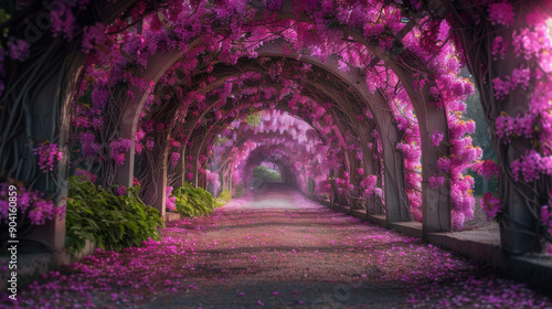 Lush Pathway Surrounded by Vibrant Purple Blooms in an Enchanted Garden During Late Afternoon