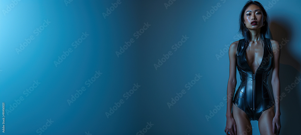 Fototapeta premium a woman with on plain blue studio background, arms at side, wearing leather dress, with empty copy space