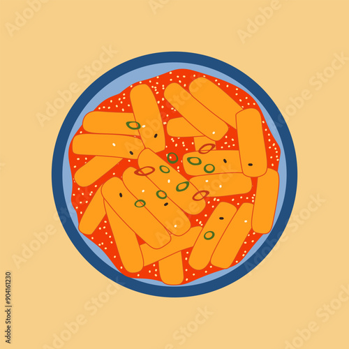 Korean tteokbokki dish vector illustration. Popular delicious South Korean spicy street food with rice cakes in red broth. Traditional asian cuisine meal on colored background, modern style drawing