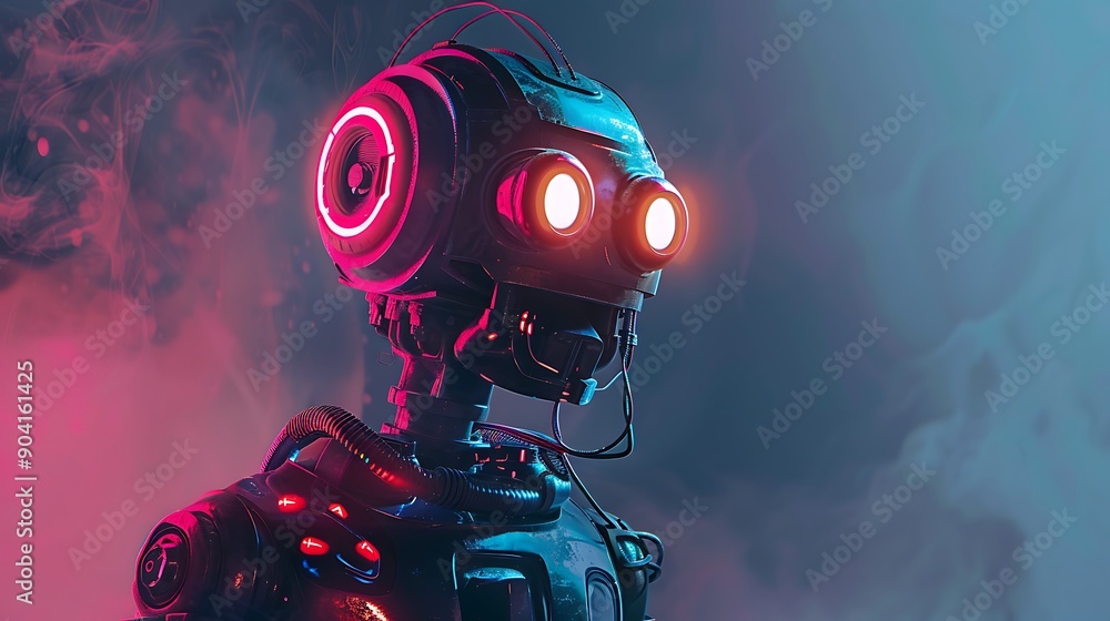 A robot with neon lights against a background of gray A robot with neon lights against a background of gray