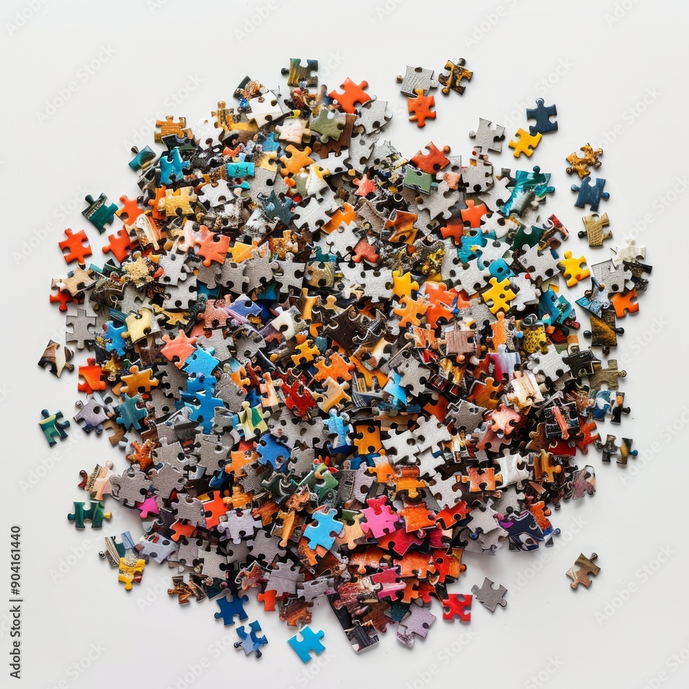 medium shot of four pieces of puzzle, isolated on a white background, bright and vivid tonality medium shot of four pieces of puzzle, isolated on a white background, bright and vivid tonality