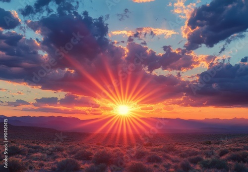 A breathtaking sunset over a desert landscape, with dramatic clouds and vibrant colors creating a mesmerizing scene