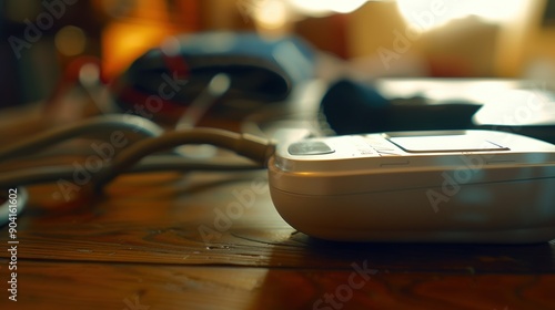 Blood pressure monitor resting on wooden table after checkup with cuff in soft focus in background