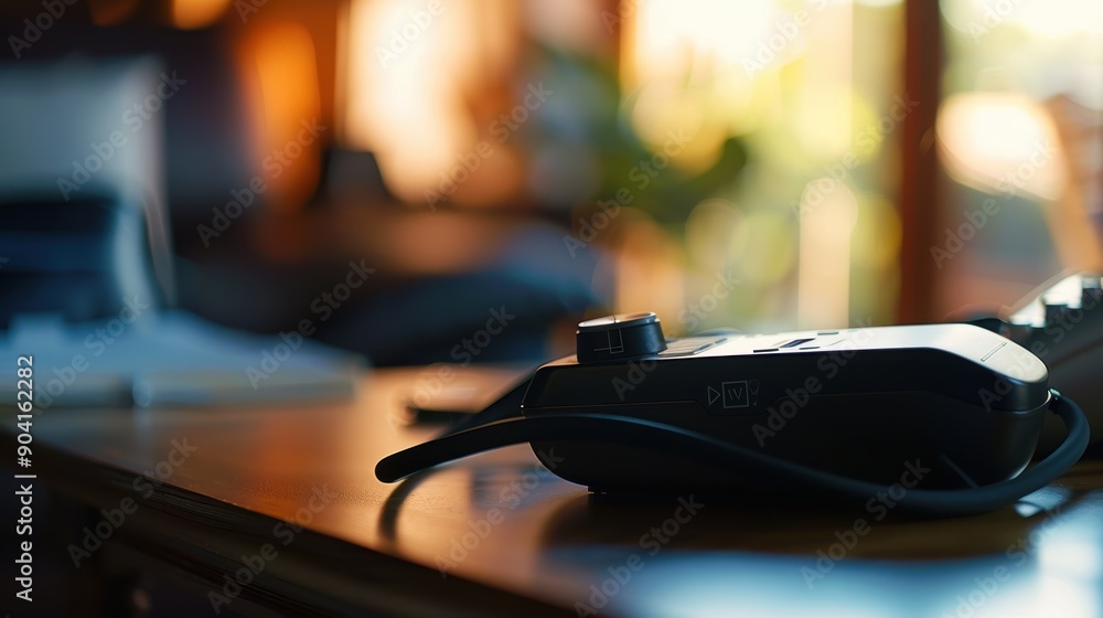 Black wireless headphones are lying on a desk in a cozy home office, bathed in warm evening light Black wireless headphones are lying on a desk in a cozy home office, bathed in warm evening light