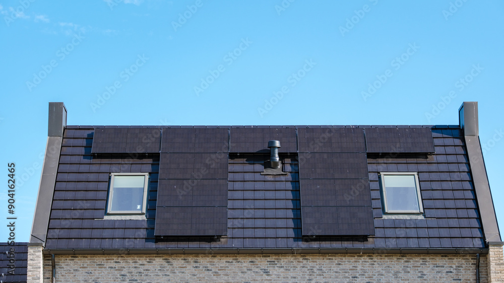 Sleek Solar Panels Harnessing Sun Energy on a Modern Roof in Clear Blue Sky Sleek Solar Panels Harnessing Sun Energy on a Modern Roof in Clear Blue Sky