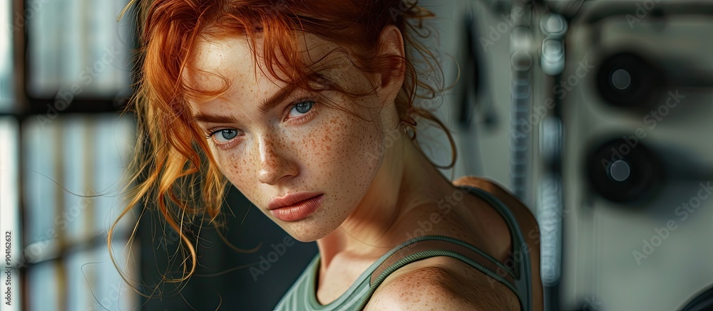A stunning red haired woman is captured in a headshot while exercising at home in her living room with gym equipment dressed in sportswear with copy space image A stunning red haired woman is captured in a headshot while exercising at home in her living room with gym equipment dressed in sportswear with copy space image