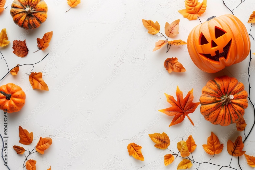 Obraz premium Halloween background with pumpkins nad fallen autumn leaves.