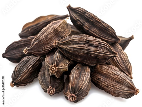 Photo of black cardamom (kra wan) pods, isolated on white background