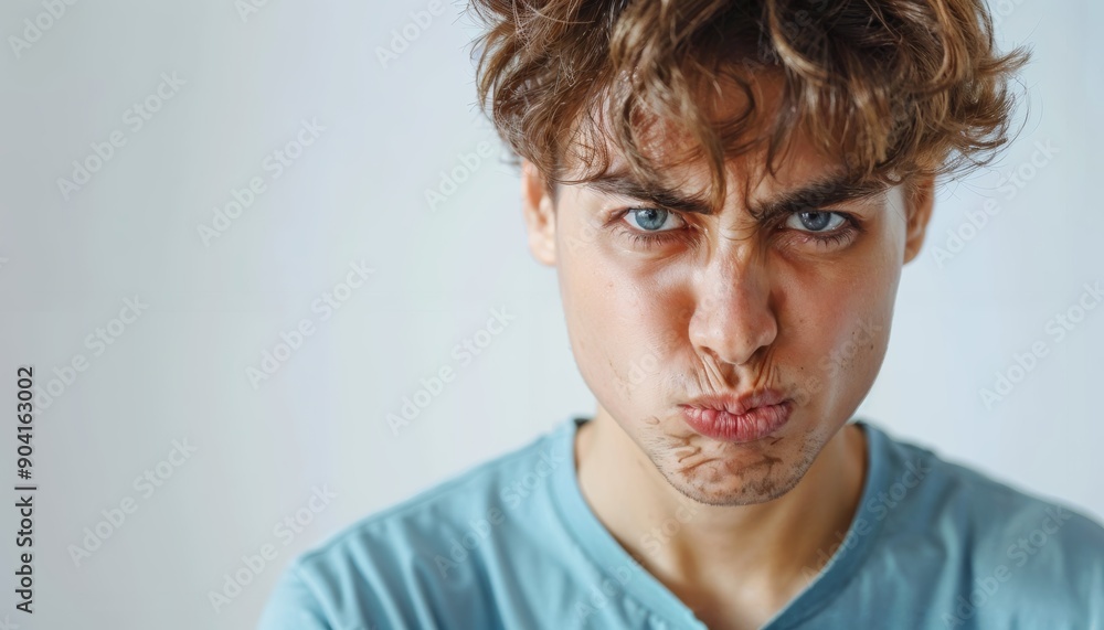 Medium shot of someone looking disgusted, pinched nose, isolated white background Medium shot of someone looking disgusted, pinched nose, isolated white background
