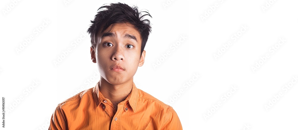 Asian Indonesian young man in an orange shirt posing with a spontaneous expression in a portrait on a white background with copy space image