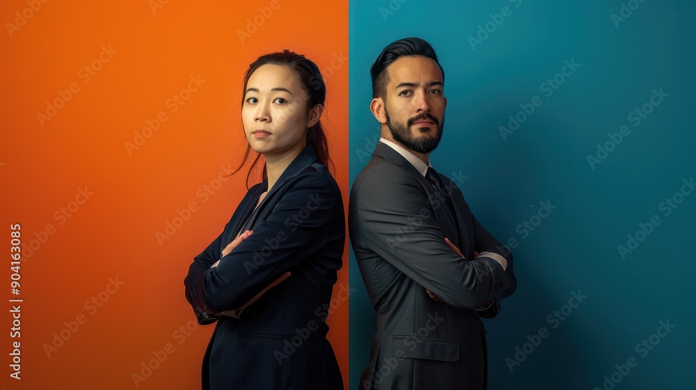 Portrait of two business professionals, a man and a woman, standing back to back with arms crossed against a split orange and blue background, representing professionalism. Portrait of two business professionals, a man and a woman, standing back to back with arms crossed against a split orange and blue background, representing professionalism.