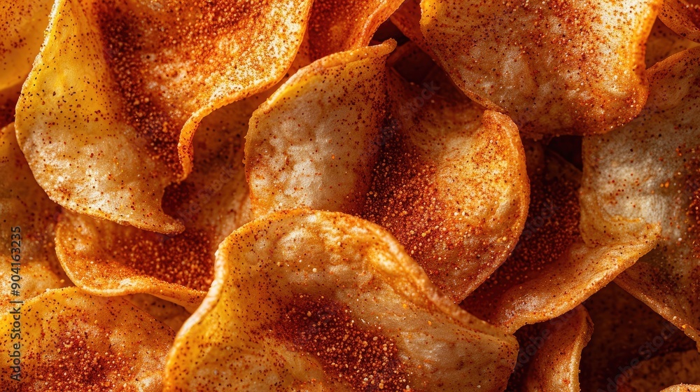 Close-up view of crispy potato chips with a dusting of paprika, highlighting their texture and color. Close-up view of crispy potato chips with a dusting of paprika, highlighting their texture and color.