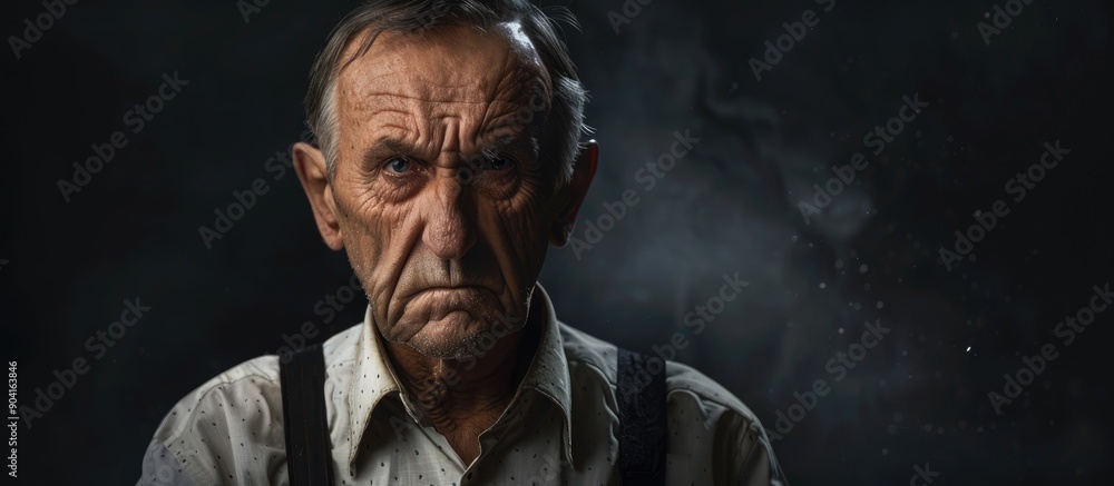 A stern and angry 60 year old man in black attire with suspenders gazes at the camera against a dark background emphasizing the concept of aging with copy space image A stern and angry 60 year old man in black attire with suspenders gazes at the camera against a dark background emphasizing the concept of aging with copy space image