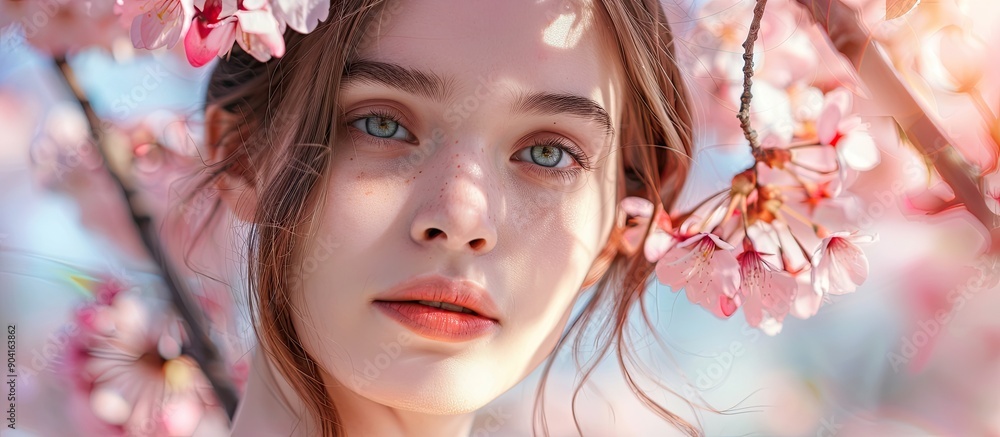 Woman posing in front of blooming cherry blossoms with copy space image Woman posing in front of blooming cherry blossoms with copy space image