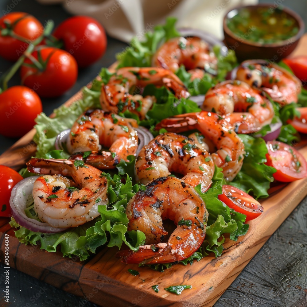 AI-Crafted Delectable Shrimp Salad with Fresh Seafood on a Wooden Cutting Board: A Symphony of Flavors and Health. AI-Crafted Delectable Shrimp Salad with Fresh Seafood on a Wooden Cutting Board: A Symphony of Flavors and Health.