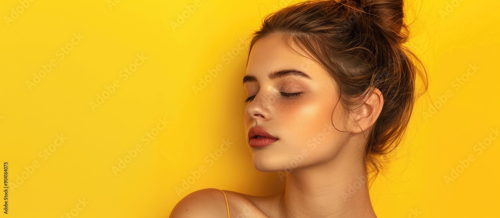 Slim woman posing on a yellow backdrop with a close up view providing a copy space image Slim woman posing on a yellow backdrop with a close up view providing a copy space image