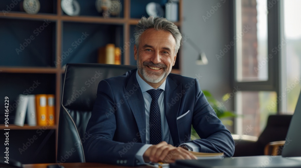 Smiling mature business man of middle age, confident entrepreneur or bank manager, 50 years old executive, mid aged businessman investor trader, male lawyer sitting at work desk, Generative AI. Smiling mature business man of middle age, confident entrepreneur or bank manager, 50 years old executive, mid aged businessman investor trader, male lawyer sitting at work desk, Generative AI.
