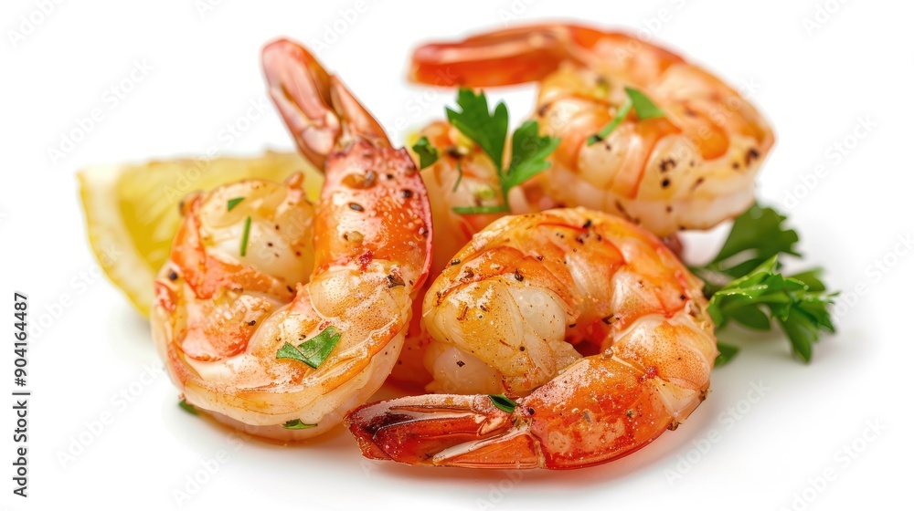 Detailed shot of isolated cooked shrimp on white background, featuring clipping path. Detailed shot of isolated cooked shrimp on white background, featuring clipping path.