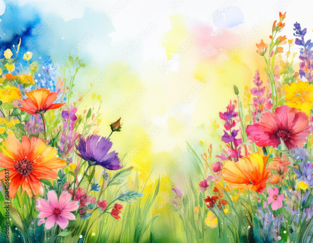 Obraz premium Bright Summer Floral Art Illustration Flowers Background with Copy Space for Advertising Text