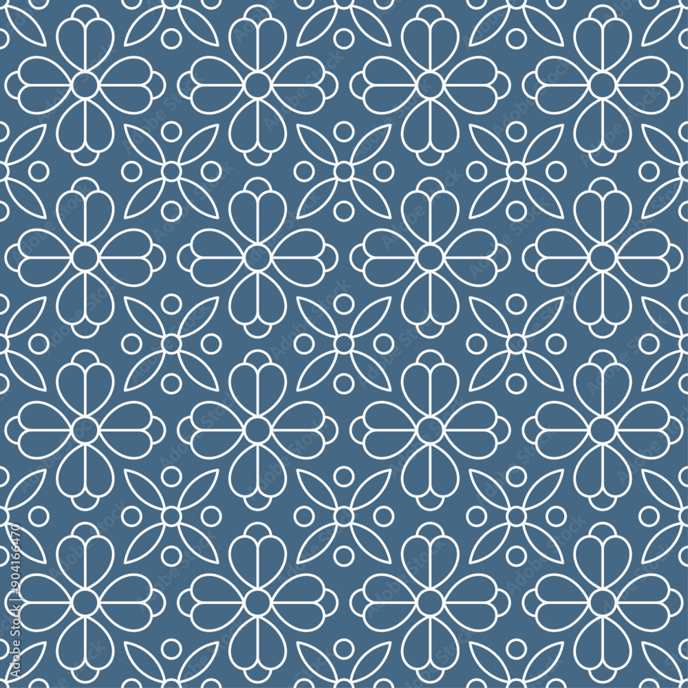 Fototapeta premium Seamless pattern consisting of white lines with floral shapes arranged symmetrically and repeating on a denim blue background. Suitable for textile designs, tiles, wallpapers, backgrounds, etc.