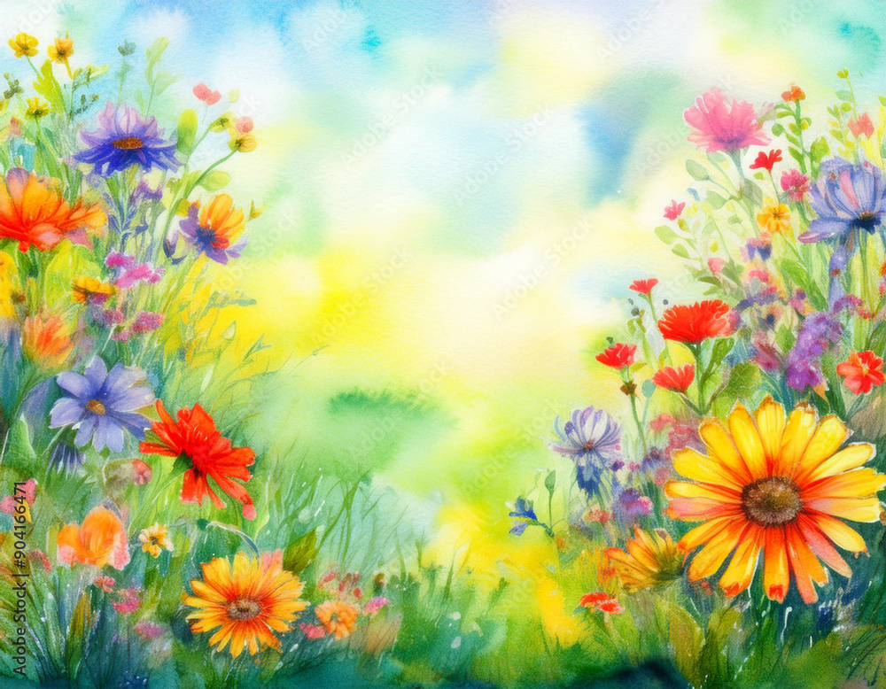 Bright Summer Floral Art Illustration Flowers Background with Copy Space for Advertising Text Bright Summer Floral Art Illustration Flowers Background with Copy Space for Advertising Text