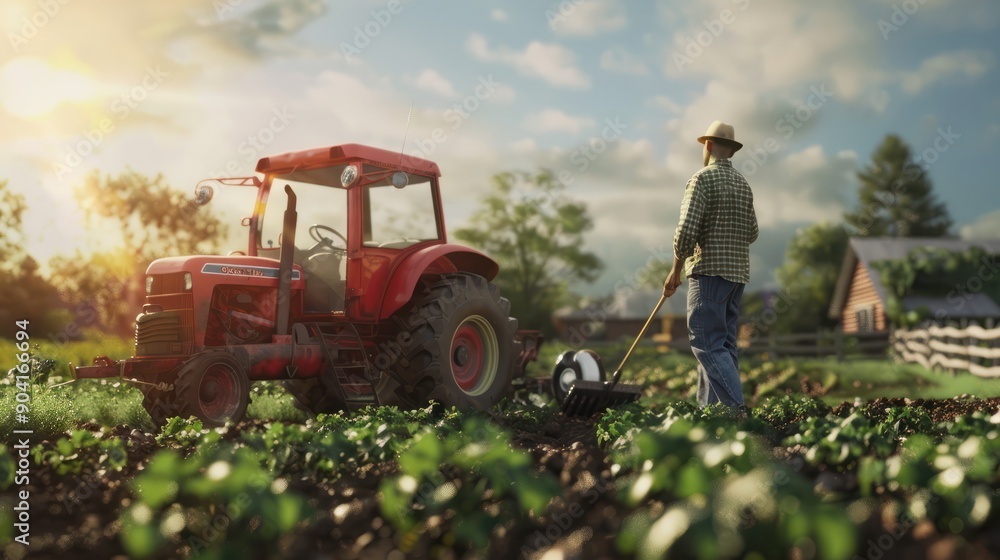 Obraz premium Young Caucasian farmer Use a tractor to work in the garden.