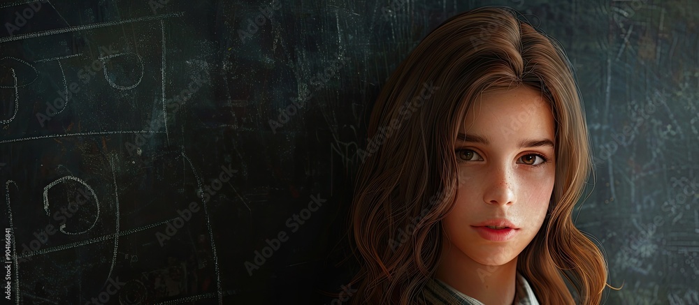 Close up portrait of a lovely teenage schoolgirl with brown hair by the blackboard with copy space image Close up portrait of a lovely teenage schoolgirl with brown hair by the blackboard with copy space image