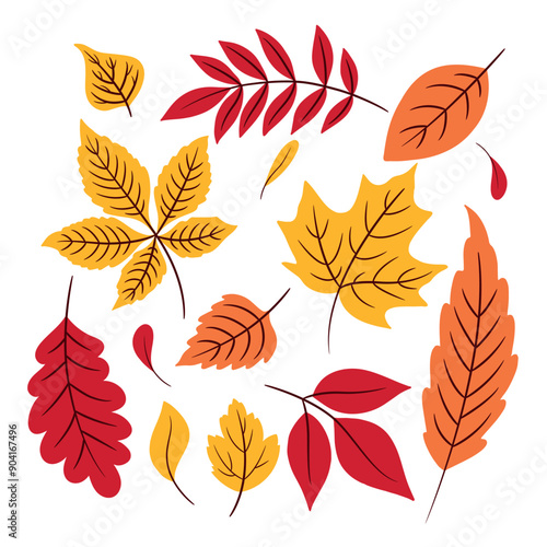 Set of autumn leaves. Autumn falling leaves isolated on white background. Hand drawn of autumn foliage design for decorative, print, graphic, card.