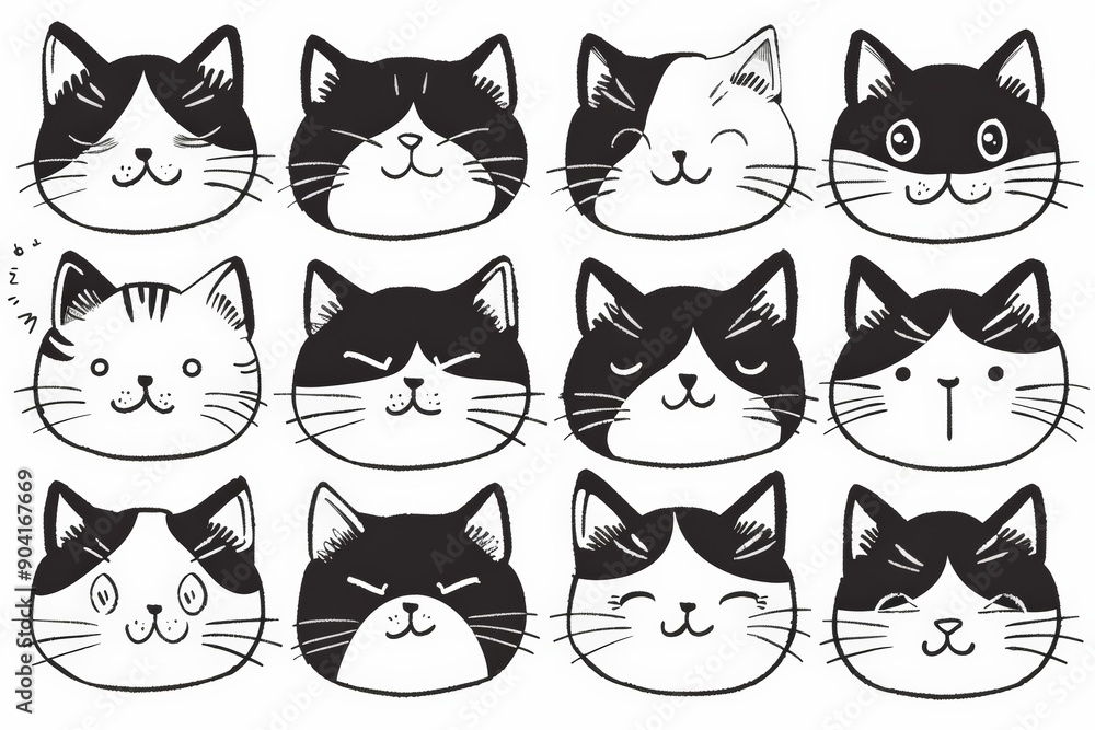 Black and white illustrations of twelve cute cat faces with different expressions, showing a variety of moods. Black and white illustrations of twelve cute cat faces with different expressions, showing a variety of moods.