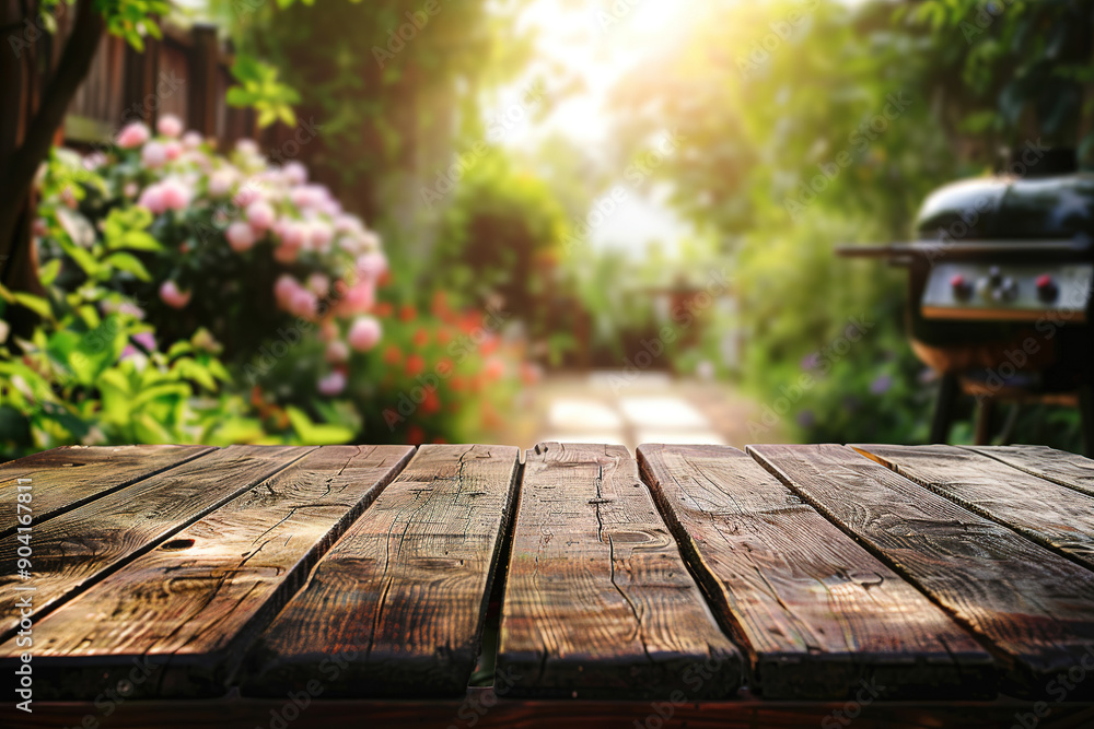 Summer time in backyard garden with grill BBQ, wooden table, blurred background Summer time in backyard garden with grill BBQ, wooden table, blurred background