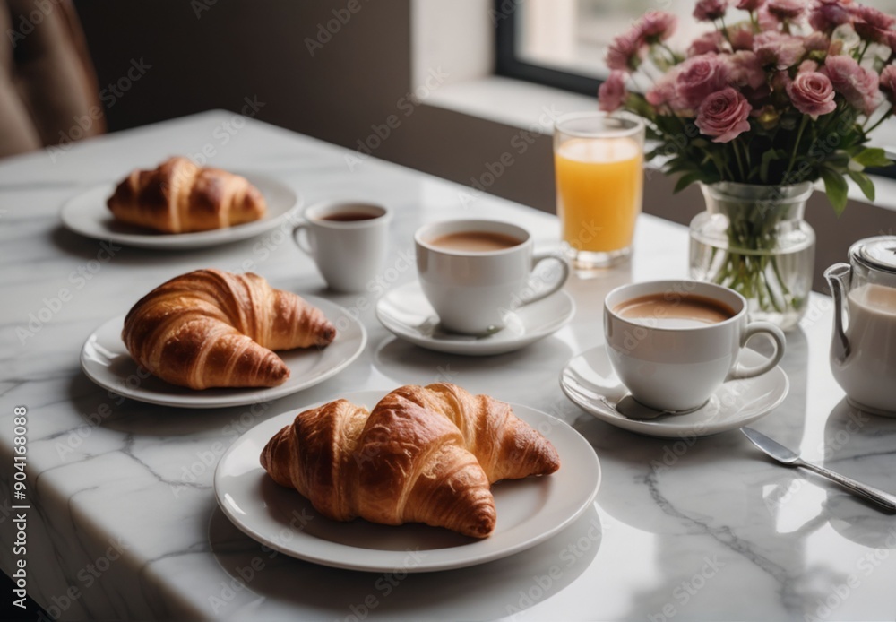 breakfast with croissant and coffee breakfast with croissant and coffee
