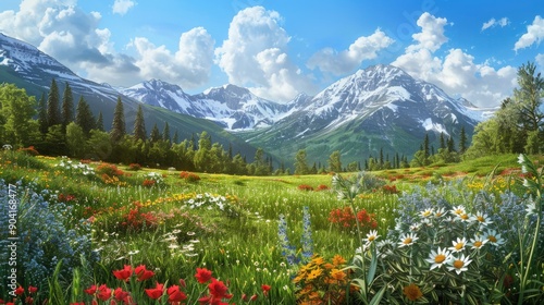 A serene mountain scene in paradise featuring fields of colorful wildflowers