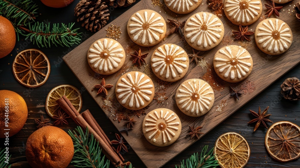 Fresh ginger cookies, spruce branches and citrus fruits on a dark background. Festive mood. Happy New Year concept Fresh ginger cookies, spruce branches and citrus fruits on a dark background. Festive mood. Happy New Year concept